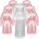 7 Pcs Women's Satin Kimono Robe Set Short Bridesmaid Bride Long Robe with Lace Trim for Bridesmaid and Bride Wedding Party Getting Ready, Pink and White