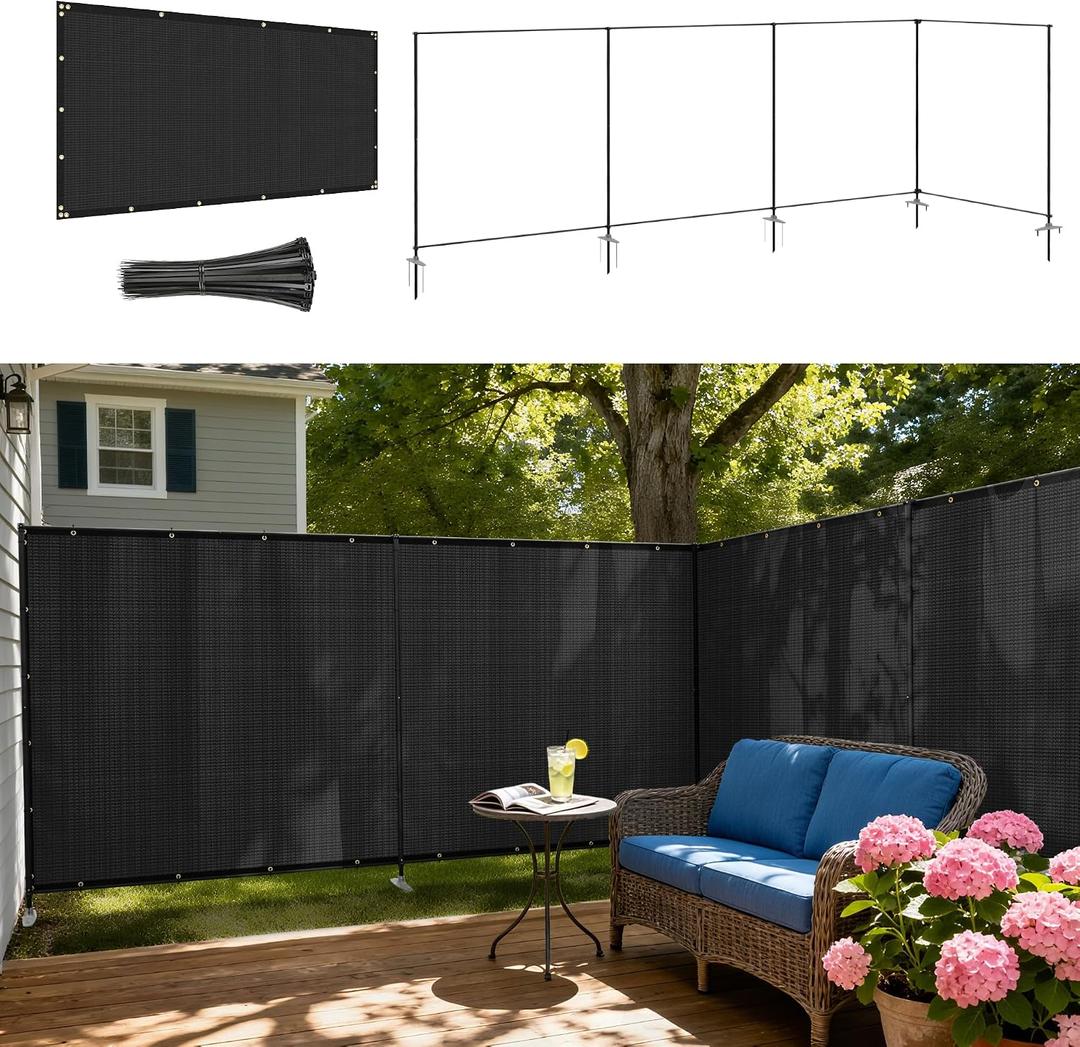 Windscreen4less Outdoor Privacy Fence Screen, 5'x24' Freestanding Privacy Fencing Set with Iron Poles and Ground Spikes, UV Resistant Mesh Cover Garden Pet Fencing for Backyard Patio Pool, Black