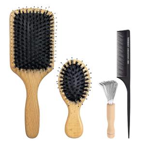 Boar Bristle Hair Brush and Comb Set for Women Men Kids, Best Natural Wooden Paddle Hairbrush and Small Travel Styling Brush for Wet or Dry Hair Detangling Smoothing Massaging(black)