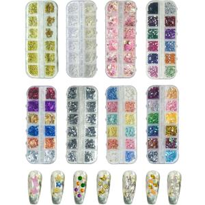 8 Boxes 3D Nail Charms Kit Rhinestones Colorful Crystals Clear Multi Shape Half Round Pearls Butterfly Diamond White Pink Craft Supplies DIY Accessories