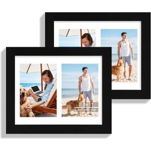8.5x11 Picture Frame Set of 2, Black Certificate Document Frames with Glass Collage Frame, Display Pictures Two 5x7 With Mat or 8.5 x 11 Without Mat - Horizontal or Vertical Wall Mounting