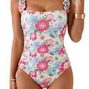 Eomenie Women's One Piece Swimsuit Tummy Control Square Neck Bathing Suit Ruffle Straps Ribbed Swimwear (M, Pink Teal Floral)