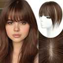 Dark Brown Real Human Hair Topper with Bangs Covers Thinning Crown, 10Inch Clip In Hair Topper for Thinning Hairpiece for White HairRoots Cover