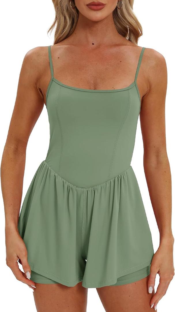 Beaully Women's Summer Sleeveless Athletic Rompers Spaghetti Strap Double Lined Shorts Jumpsuit One Piece Outfits (L)
