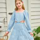 Haloumoning Girls Dresses Long Sleeve Square Neck Crossover Waist Casual A-Line Spring Fall Dress 5-14Y