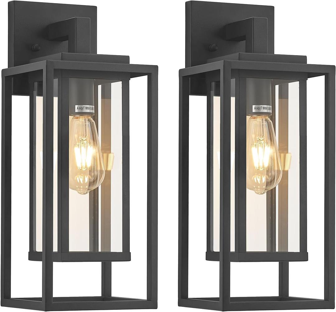 18" Outdoor Wall Light Fixtures Waterproofed Exterior Lantern W/Sturdy Rectangular Double Cage In Satin Black&Clear Tempered Glass,Sconce Mounted For House Patio,Front door,Porch,Garage Lighting, Pack of 2