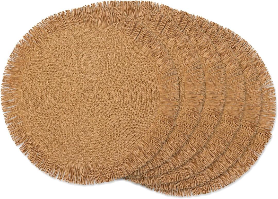DII Woven Kitchen Collection Round Placemat Set, 15" Round, Natural Fringe, 6 Piece