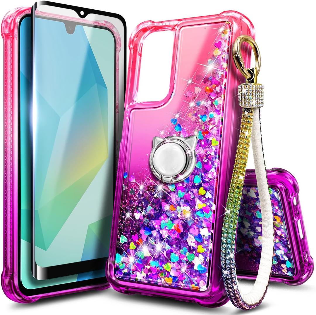 Compatible with Motorola Moto G-5G-2024 Case Pink/Purple | Glitter Bling Sparkly Floating Liquid Cute Phone Cover with Tempered Glass Screen Protector/Ring Holder/Diamond Wrist Strap Lanyard