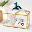 Glass Wedding Card Box with Slot, 12.5'' Large Clear Card Box Gold Brass Gift Card Storage Box with Lock Perfect for Wedding Receptions, Baby Shower, Birthday Party, Bridal Shower
