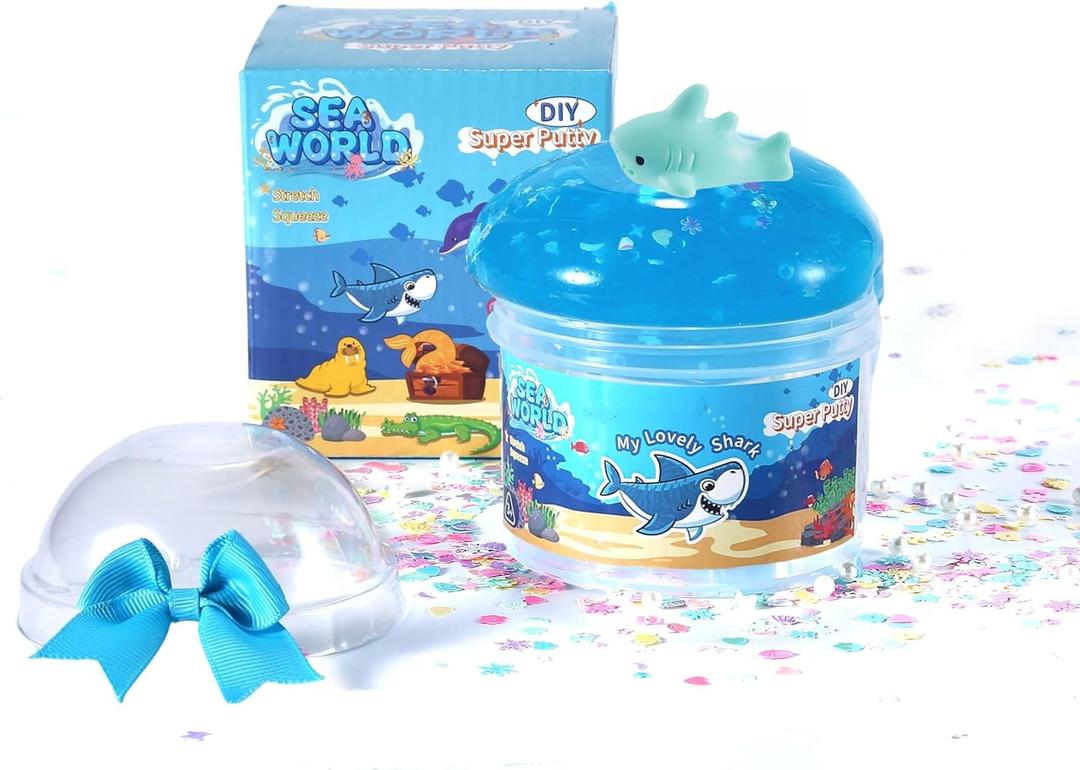 Shark Ocean Slime Kit with Ice Cream Tub - 8 Oz Blue Crystal Slime, Slime Party Favors for Kids, Resin Shark Charm & Glitter - Non-Sticky Sensory Toys for Boy & Girls 6-12,STEAM Classroom Gifts