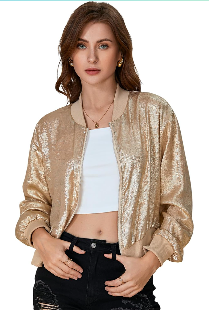 SOLY HUX Women's Metallic Jacket Zip Up Long Sleeve Lightweight Outerwear Bomber Jackets XS