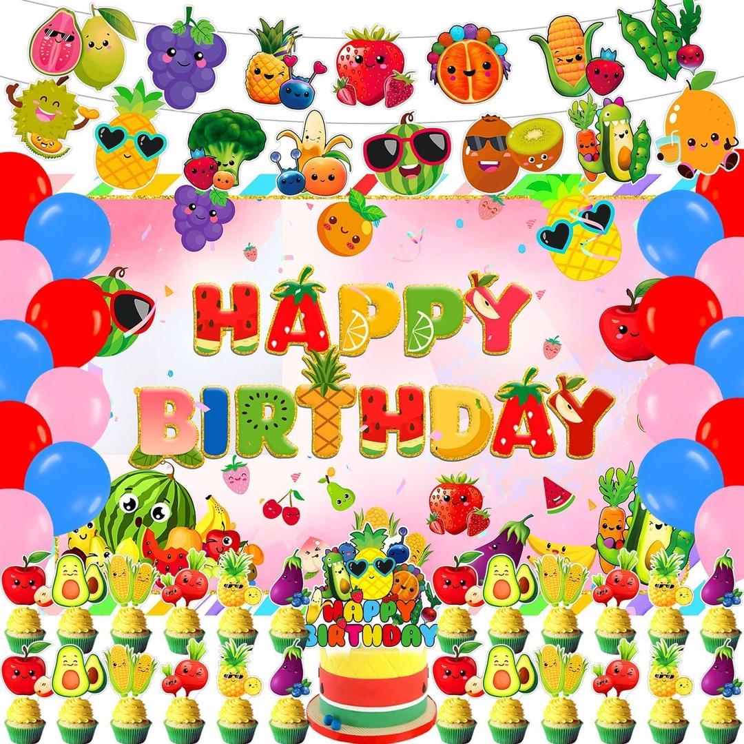 Fruit Theme Birthday Party Supplies Set - Fruit Birthday Party Decoration - Red, Green, Yellow, Orange - Birthday Banner, Garland, Cake Cupcake Toppers, Balloons