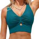 GRAPENT Bikini Tops for Women Cropped Tankini Tops Beach Ruched Knot Cut Out Padded Adjustable Swimwear Swim Top Only (X-Large, Dark Lake Green)
