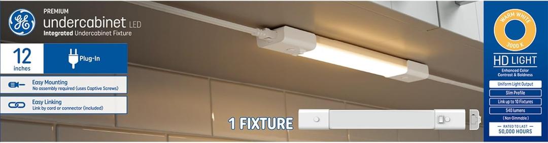 GE LED HD+ Undercabinet Light Fixture, Linkable Integrated Slim Profile Fixture for Kitchens, Warm White Color, Plug-in, 12in (1 Pack)