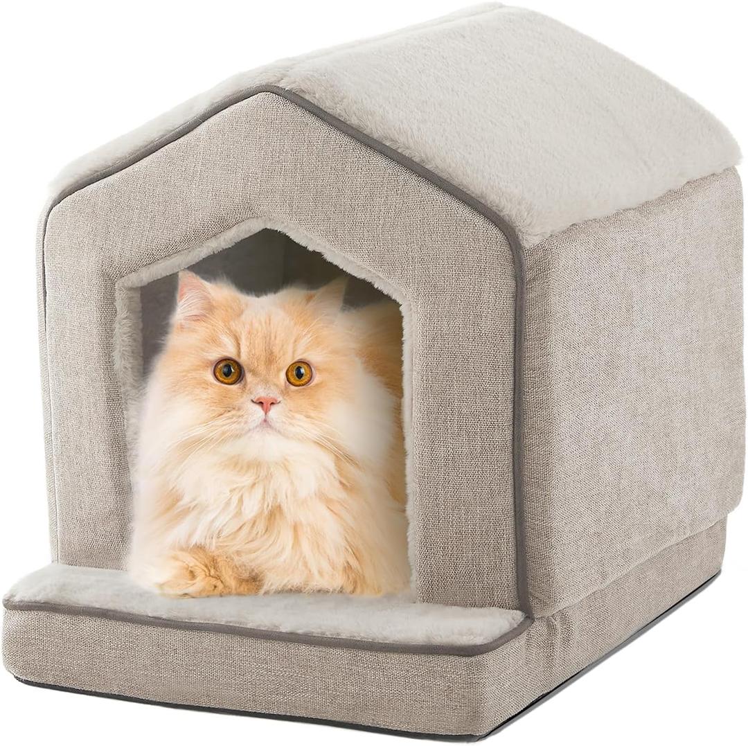 Orthopedic Cat House for Indoor Cats,Small Dogs,Super Soft Cat Bed Cave,Condos, Cubes,Cat Hideaway,Covered,Cat Bed for Kitty Small Medium Large Pet (Beige, 18" L x 15" W x 17" Th)