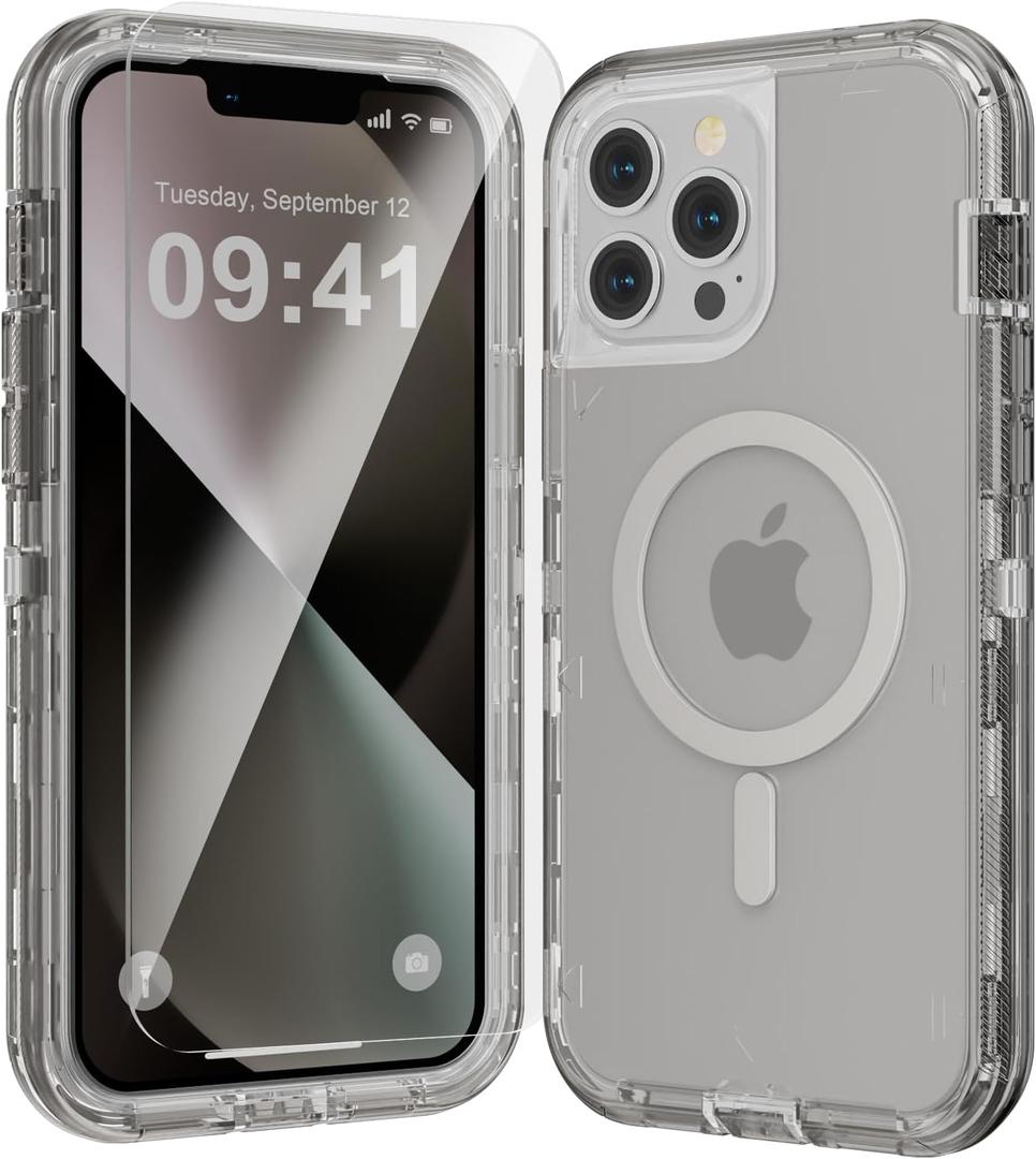 for iPhone 13 Pro Max Case, Fits Magsafe,Heavy Duty Shockproof Protection Phone Cases with Screen Protector*1, Magnetic Transparent Protective Cover for iPhone 13 ProMax 6.7 '', Gray