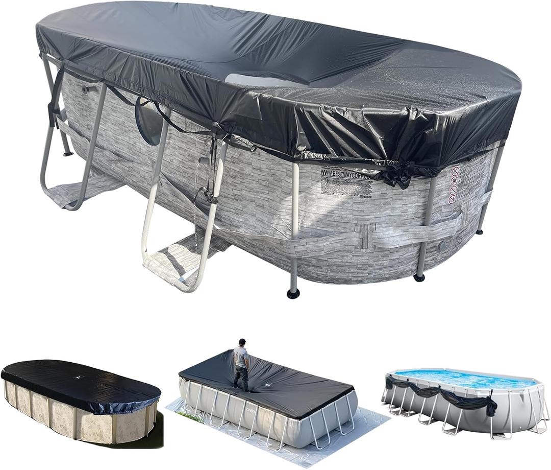 SIHAIAN 15x27Ft Oval Pool Cover with Side Storage for Oval and Rectangular Above Ground Pool, One-Piece Pool Cover, Preventing Waterlogging, UV and Weather Resistant WP:10000kPa+