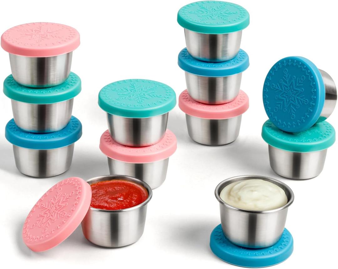 Freshmage [12 Pack 2.4oz Stainless Steel Dressing Container with Silicone Lids, Reusable Leakproof Condiment Containers Small Sauce Container Sets