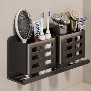 Aluminum Toothbrush Holder Self-Adhesive Hanging Bracket Shower Toothbrush Razor Holder Suitable for Toothbrush, Toothpaste, Razor and Comb etc. Bathroom Storage (Black four slots)