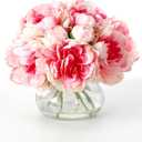 Garvee Artificial Peonies Flowers with Vase, Mixed Pink Silk Peony Bouquet with Faux Water in Glass Vase, Lifelike Fake Peonies Floral Arrangement for Table Centerpiece, Wedding, Home Decor