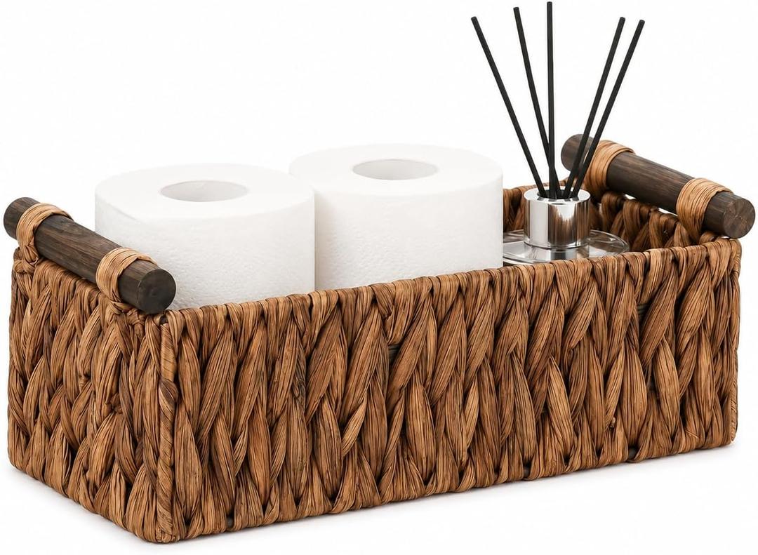 Water Hyacinth Toilet Tank Basket – Wicker Toilet Paper Storage Basket for Back of Toilet, Bathroom Counter Organizer with Wooden Handles, Brown