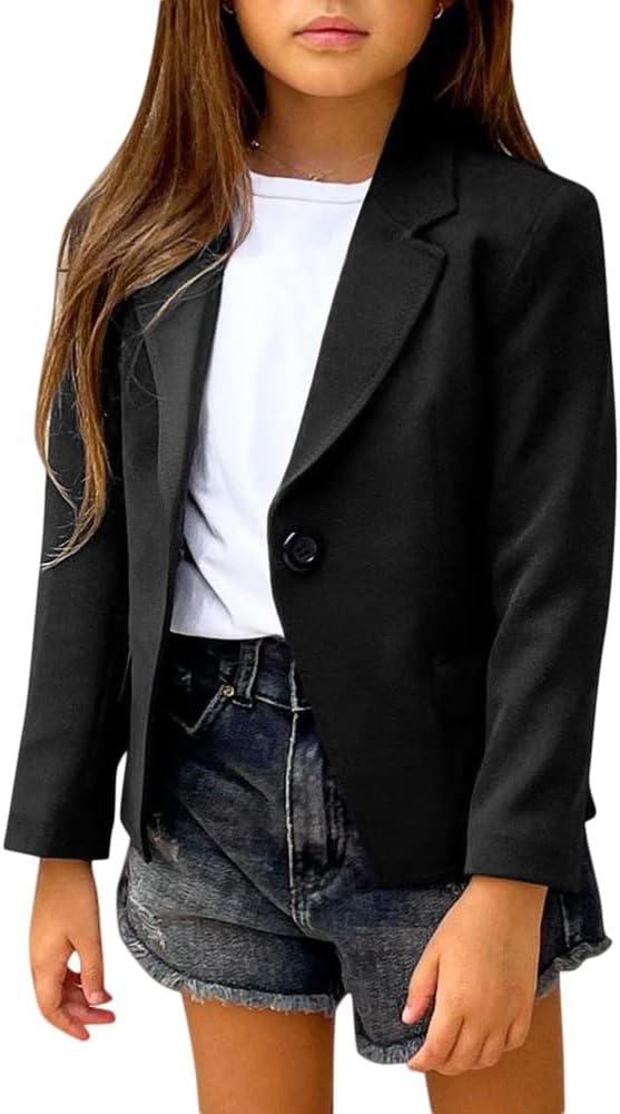 rrhss Girls Solid Color Lapel Suit Coat Button Down Long Seelve Blazer Jacket (9-10 Years, Black)