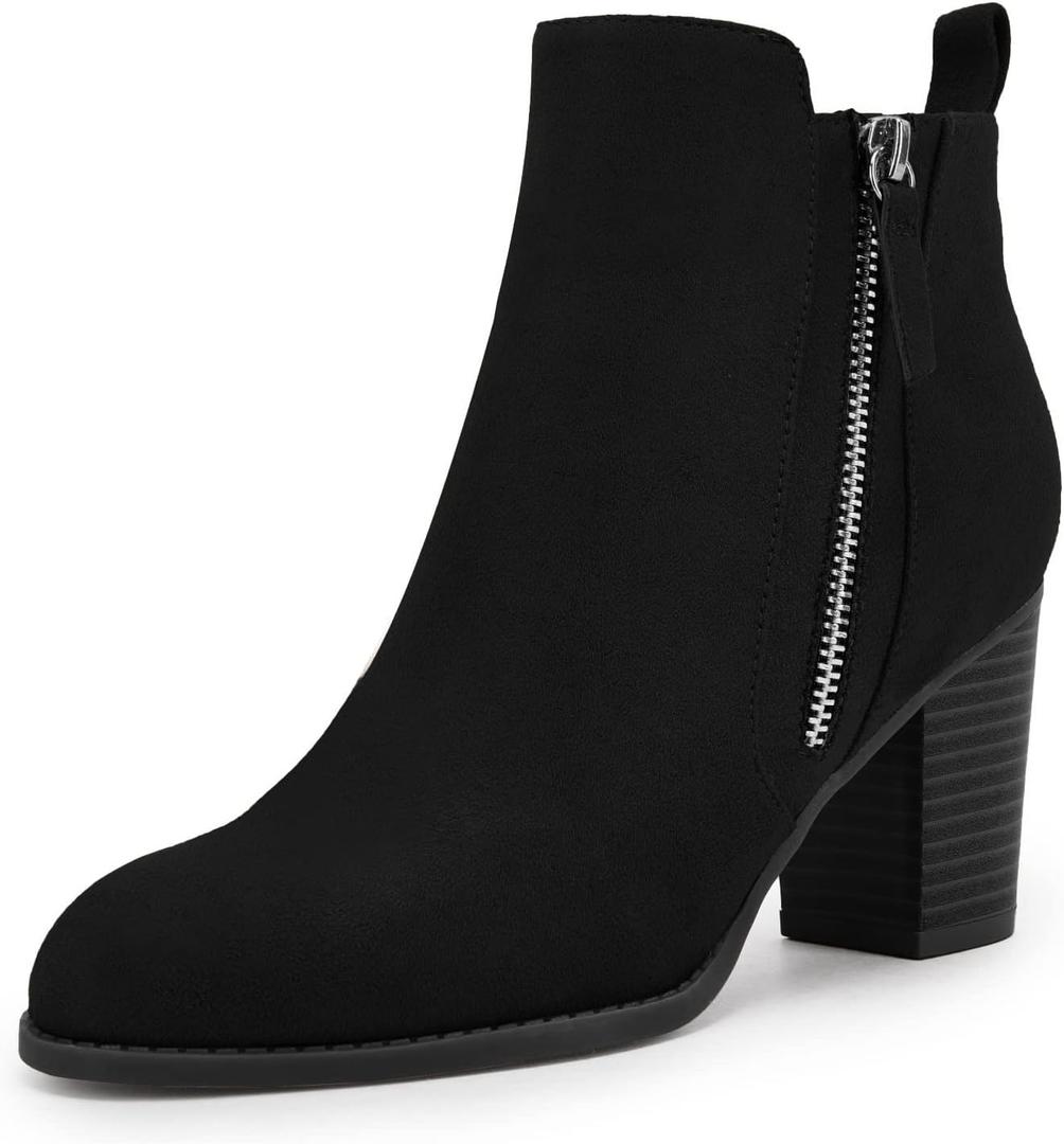 Rilista Ankle Boots for Women Chunky Block Heel Side Zipper Pointd Toe Suede Fall Winter Bootie Shoes (9.5, Black)