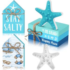Blulu 5 Pcs Starfish Beach Tiered Tray Decor Coastal Summer Decoration for Home Ocean Blue Table Centerpieces 3 Faux Books Bundle with Twine Rustic Farmhouse Wood House Sign for Office Tabletop Shelf