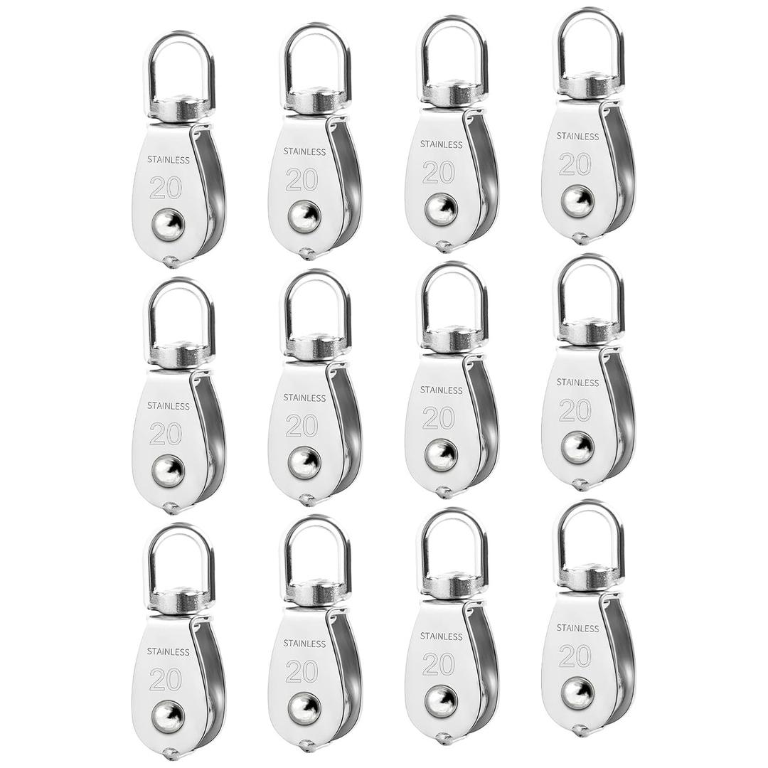 12 Pack M20 Single Pulley Block, 304 Stainless Steel Wire Rope Cable Pulley, Heavy Duty Swivel Pulley Wheel Hanging Wire Towing Wheel for Lifting