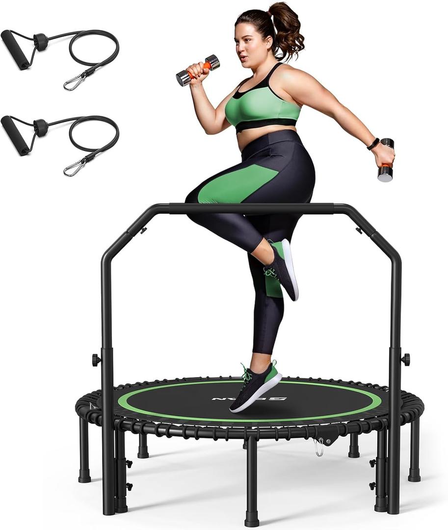 BCAN 40" Foldable Mini Trampoline with Resistance Band, 450 LBS Adult Fitness Trampoline with Bungees, U Shape Adjustable Foam Handle, Stable & Quiet Indoor/Garden