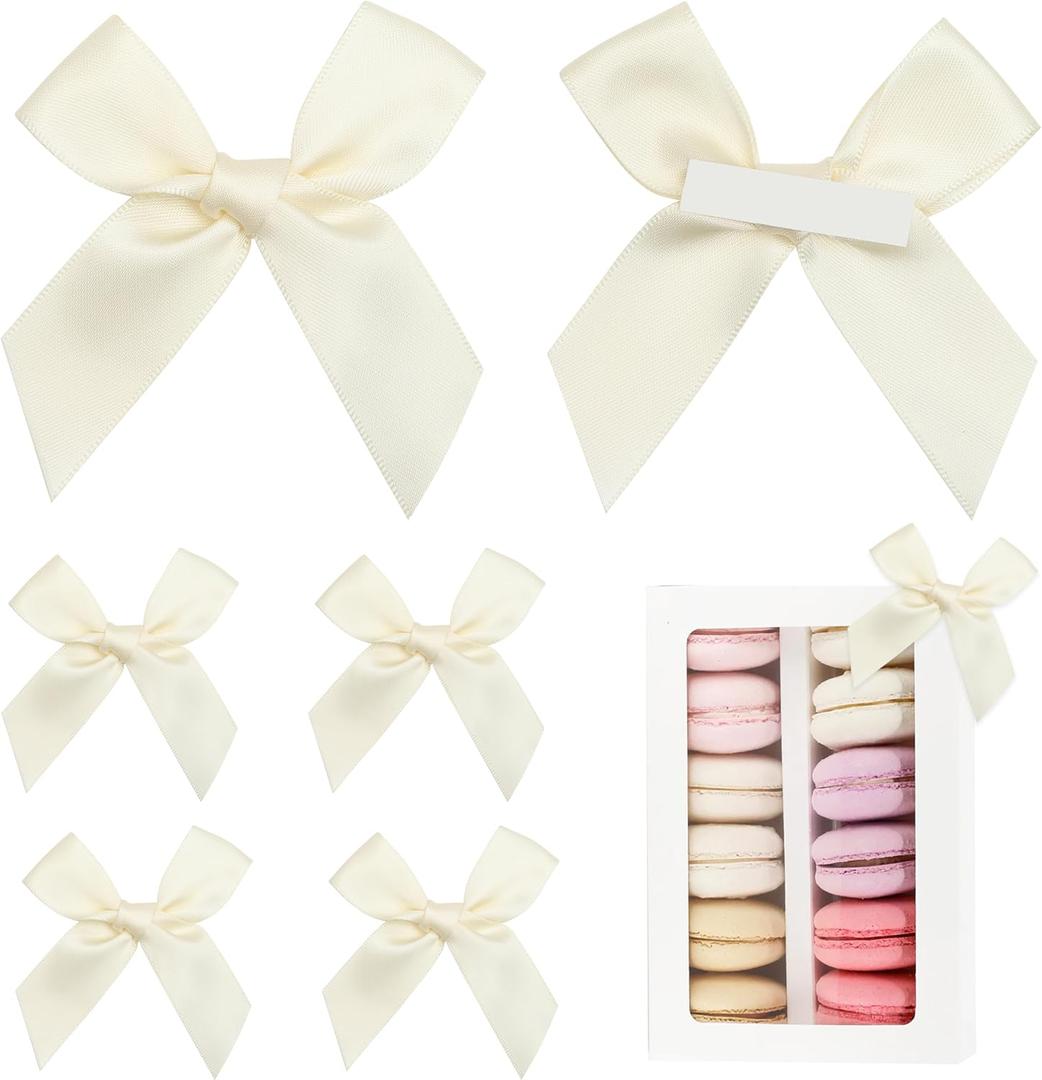 Pre-Tied Self Adhesive Ivory Satin Ribbon Bows for Crafts 3" Small Cream Bow Decor for Coquette Birthday Party Decorations, Wedding, Gift Wrapping, Balloon, Baby Shower (50 Pack)
