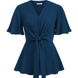 GRACE KARIN 2026 Women's Elegant V Neck Peplum Tops Tie Front Short Bell Sleeve Shirts Tops Blouse (Blue, XXL)