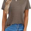 LilyCoco Women's Striped Shirt Short Sleeve Color Block Tops Crewneck Summer T Shirt Black and Brown Small
