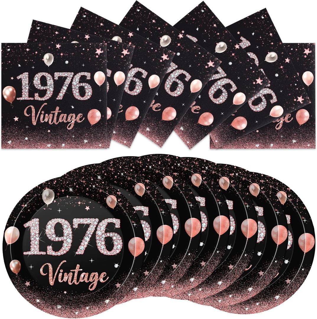 40Pcs 50th Birthday Party Decorations for Her Rose Gold Back to 1976 Paper Plates and Napkins Vintage 70s Birthday Party Supplies