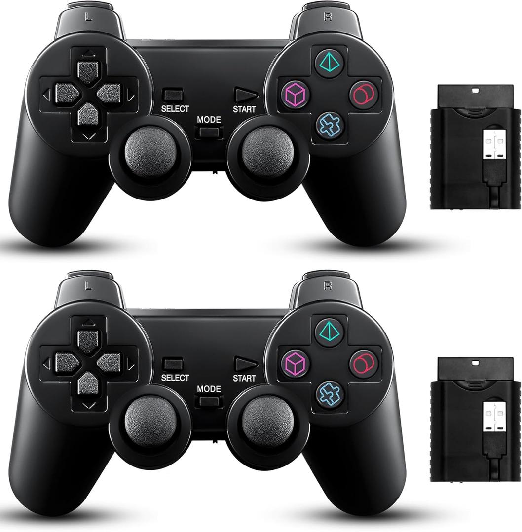 2 Pack Wireless Controller 2.4G double shock Compatible with PS2 /PS1/PC(Jet Black)