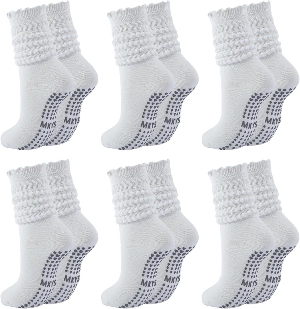 Pilates Socks for Women Non Slip Grip Slouch Scrunch Yoga Barre Socks Hospital Home Workout Studio Training (White)