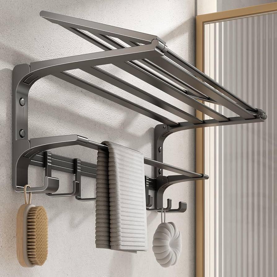 VOLPONE 24 Inch Towel Rack with Towel Bar Holder Foldable Large Towel Shelf with Movable Hooks Rustproof Widened Towel Storage Rack Wall Mount for Bathroom Matt sliver