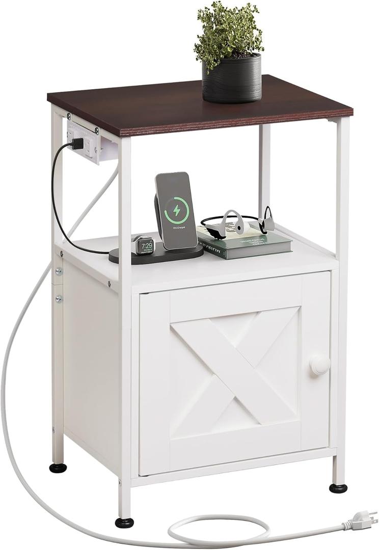 WLIVE Farmhouse Nightstand with Charging Station, Small End Table, White Night Stand with Barn Door and Storage, Small Cabinet, Bedside Table Side Tables for Living Room, Bedroom (Espresso)