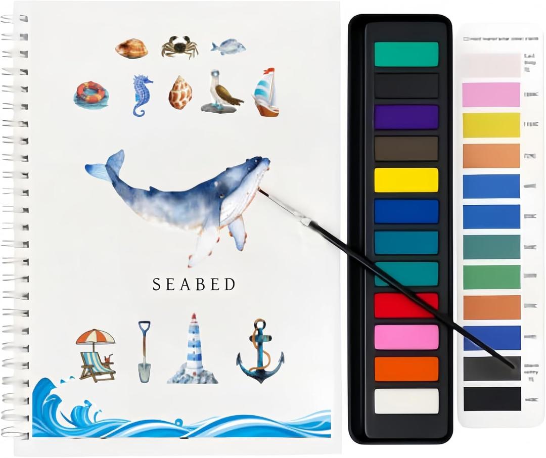 Beginner Watercolor Workbook Kit Watercolor Book With PaintWatercolors Painting Kit,There is one Workbook, a 12 Color Painting Set, and a Brush Included (Color - Underwater+12 Colors+Pen)