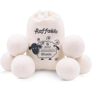 Raffaelo Wool Ball, Wool Dryer Balls XL Premium Reusable Natural Fabric Softener Pet Fur Hair Remover - Set of 6PCS (White)