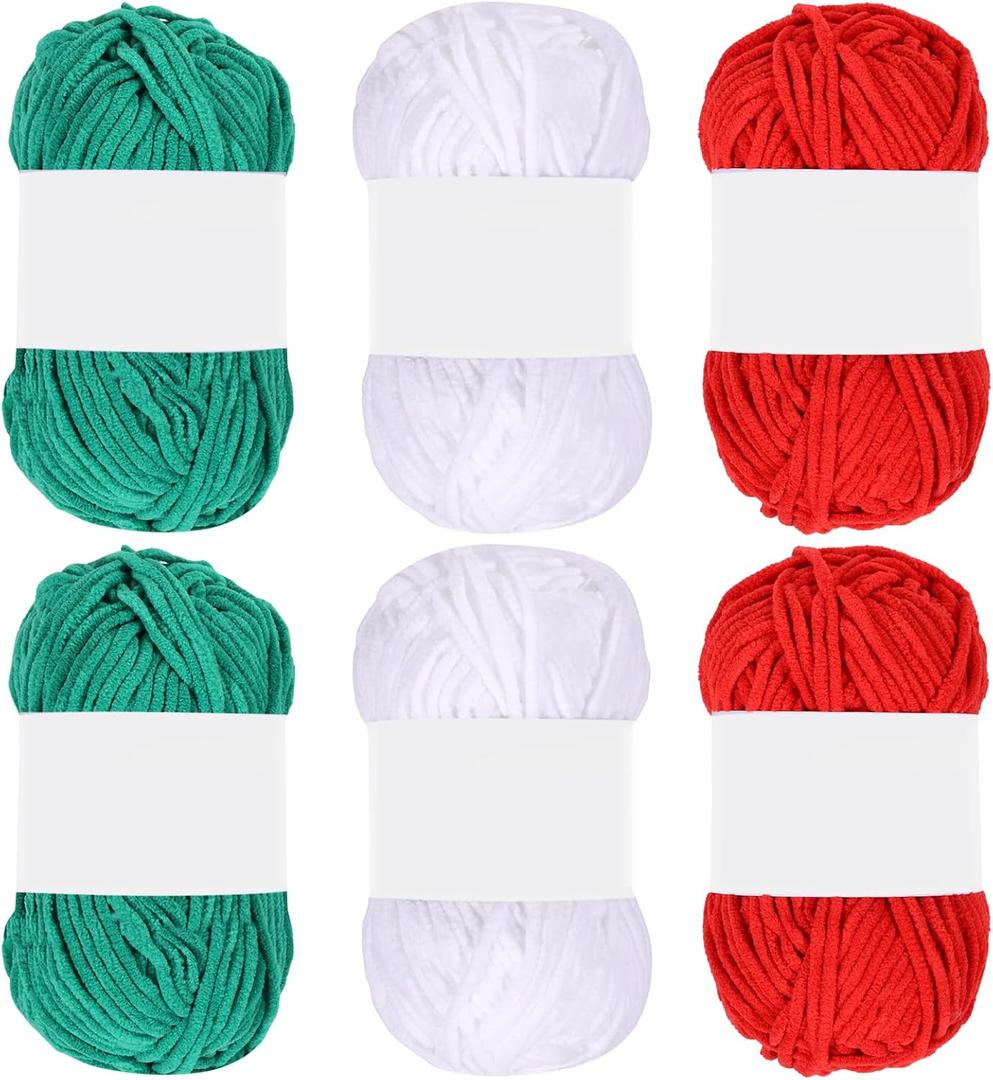 6 Pack Chunky Chenille Yarn for Hand Knitting and Crocheting DIY Handmade Christmas Crafts Gift Santa African American Party Decoration Kwanzaa Decoration, Red Green White