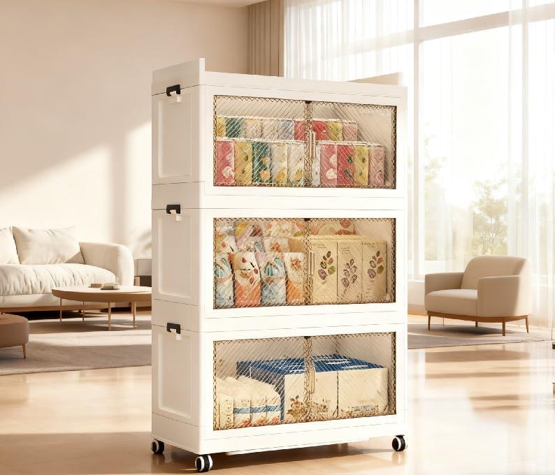 472QT Stackable Storage Bins with Lid,118Gal Closet Organizers and Plastic Cabinets Shelves, Collapsible Drawers, Foldable Boxes with Wheels for Home Office, 3Pack (Clear Door, 31inch)