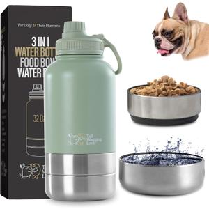 32oz 3-in-1 Portable Travel Water Bottle, Food & Hydration Bottle - Dual Use for Humans & Pets with Detachable Bowls, Stainless Steel, Keeps Water Hot for 6hrs & Cold for 12hrs