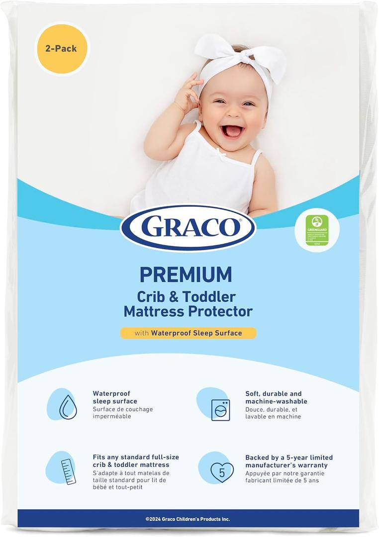 Graco Premium Waterproof Crib and Toddler Mattress Protector (2 Pack) GREENGUARD Gold Certified, Machine-Washable & Dryer-Friendly, Waterproof Sleep Surface, Fits Crib & Mattress