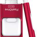 Flash Drive for iPhone 256GB, 4 in 1 USB Type C Memory Stick, Photo Stick External Storage Thumb Drive for iPhone iPad Android Computer, Candy Red