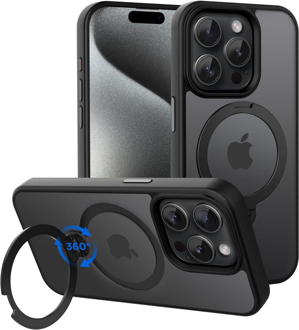 CACOE Magnetic Case for iPhone 15 Pro 6.1 inch with 360 Rotatable Ring Stand,Compatible with MagSafe Car Phone Mount,Cover Phone Holder for Desk Meeting Matte Black