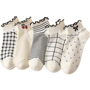 GORGLITTER Women's 5 Pairs Crew Socks Vintage Cute Patterned Casual Dress Ankle Socks (White, L)