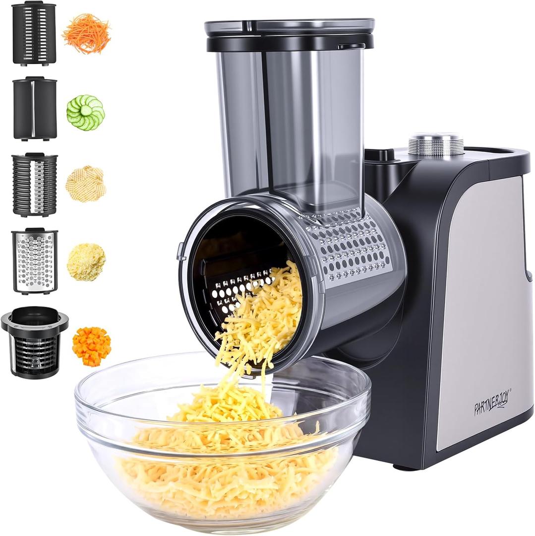 Electric Cheese Grater with Electric Dicing Function, 250W Professional Salad Maker & Electric Cheese Shredder, 5-in-1 Automatic Food Processor with Wide Feed Chute & 5 Stainless Steel Blades