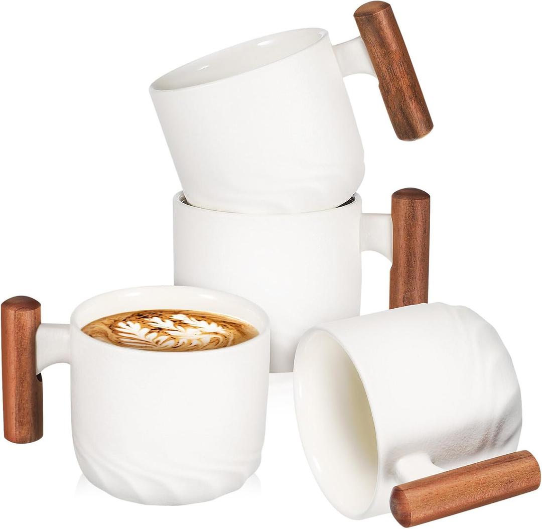 Kichvoe Porcelain Espresso Cups with Wooden Handle 2Oz Mini Coffee Mugs Set of 4 Small Ceramic Demitasse Cups for Tea and Hot Drinks Microwave and Dishwasher Safe