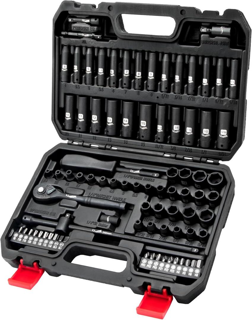 1/4 Inch Drive Impact Socket Set, 83Pcs Socket Wrench Set Metric & SAE from 4-15mm, 5/32-9/16", 6 Point CR-V Deep & Shallow Sockets Kit with 72T Ratchet Handle, E Torx, for Automotive & Home 83pcs 1/4 socket set 1/4 Inch Drive Impact Socket Set, 83Pcs Socket Wrench Set Metric & SAE from 4-15mm, 5/32-9/16", 6 Point CR-V Deep & Shallow Sockets Kit with 72T Ratchet Handle, E Torx, for Automotive & Home 83pcs 1/4 socket set